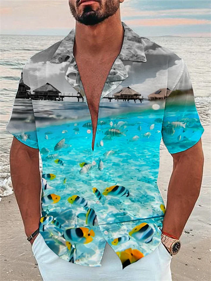 Men's Shirt Summer Hawaiian Shirt Camp Collar Shirt Graphic Shirt Aloha Shirt Scenery Turndown Black Navy Blue Royal Blue Blue Sky Blue 3D Print Outdoor Street Short Sleeve Button-Down Print Clothing-Cosfine