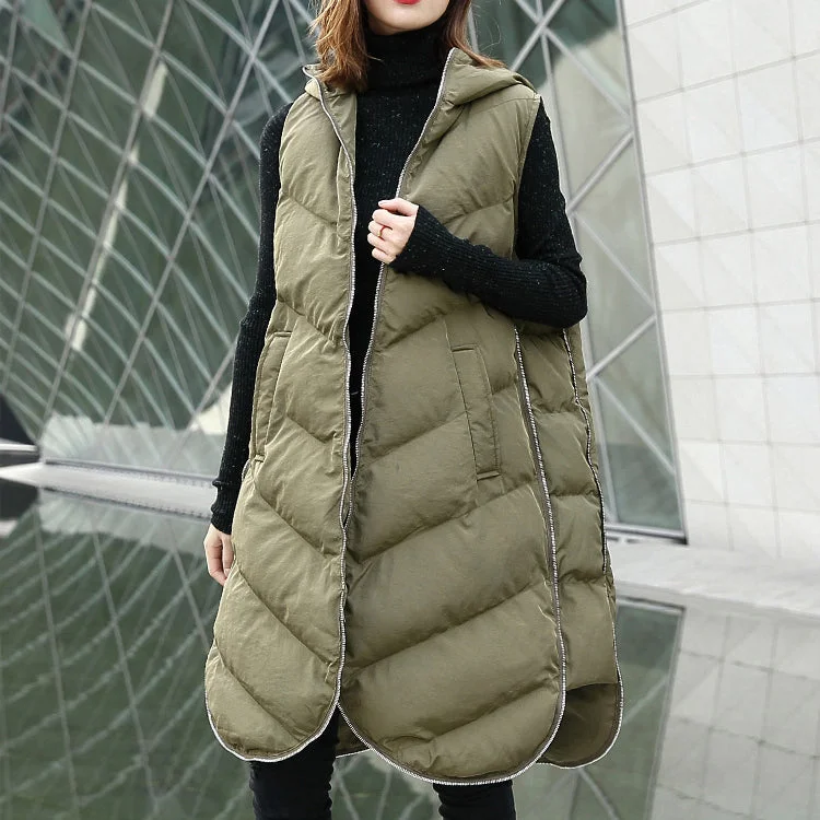 Luxury army green Parka casual hooded down over coat women Sleeveless trench coat