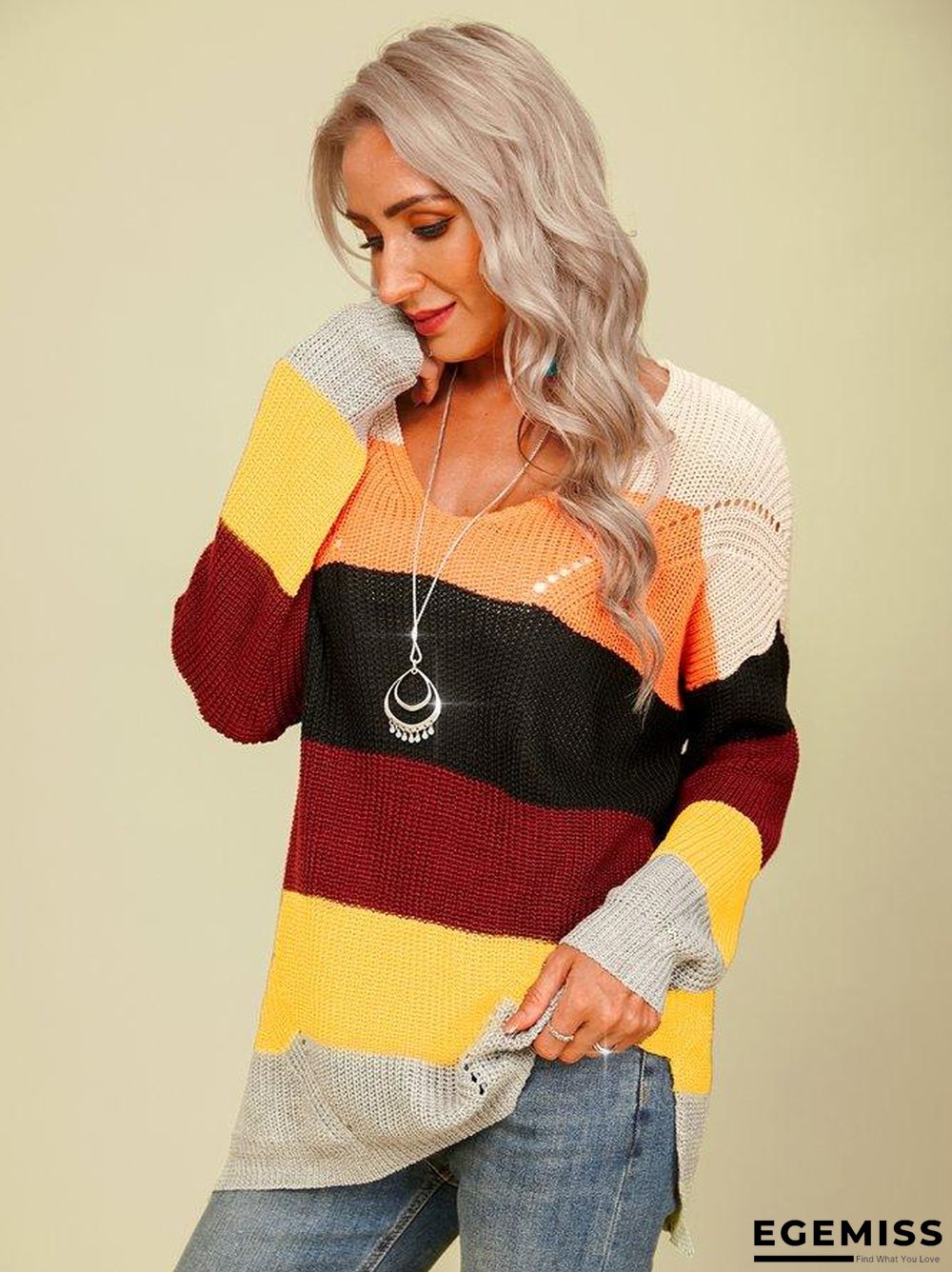 long sleeve v neck casual sweater | EGEMISS