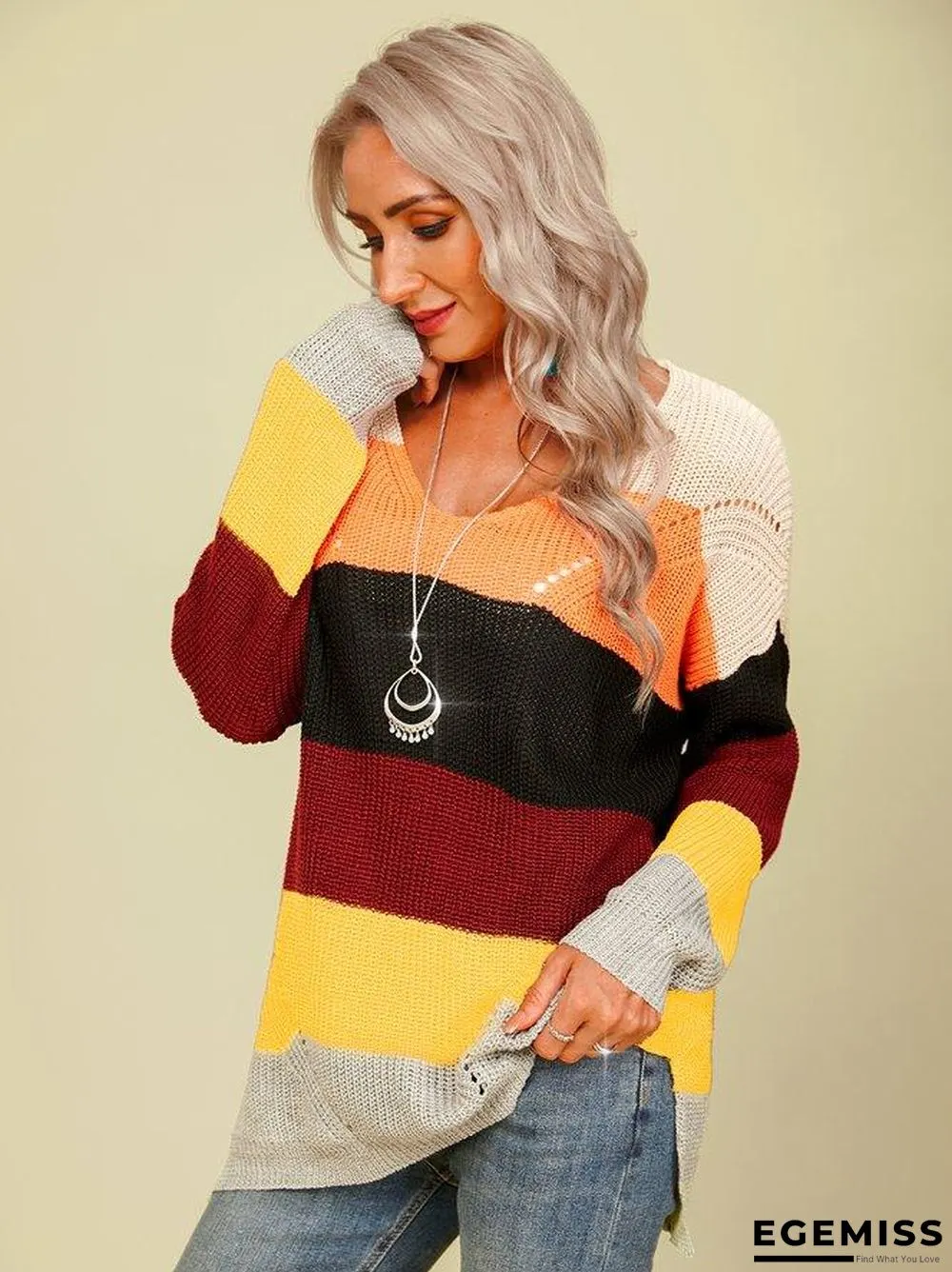 long sleeve v neck casual sweater | EGEMISS