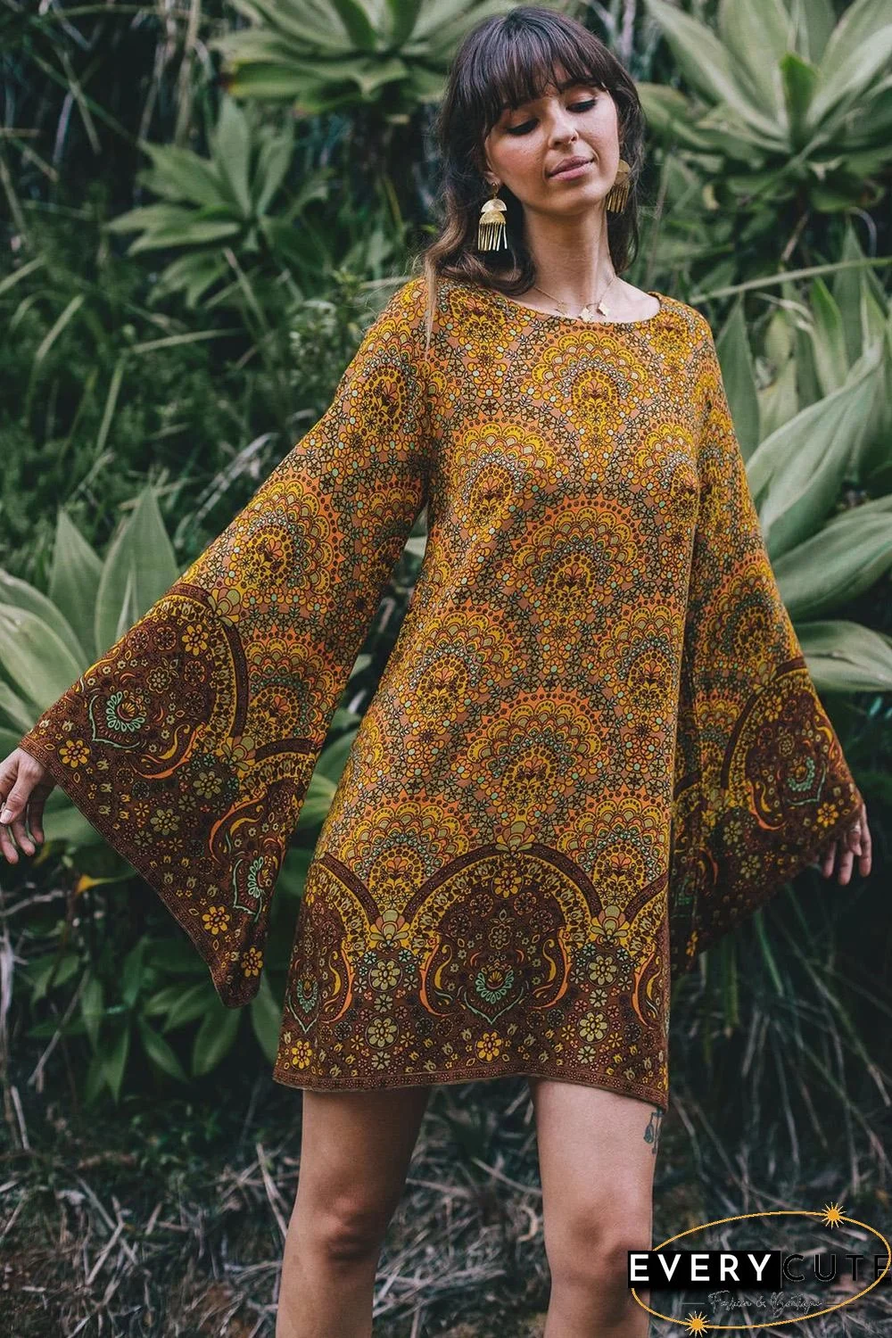 Yellow Starlight Bell Sleeve Shift Print Dress