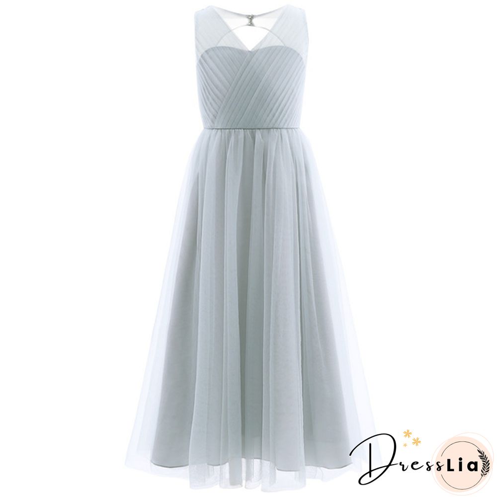 Girls Cutout Back Mesh Splice Sleeveless Flower Girl Junior Bridesmaid Dress Dance Party