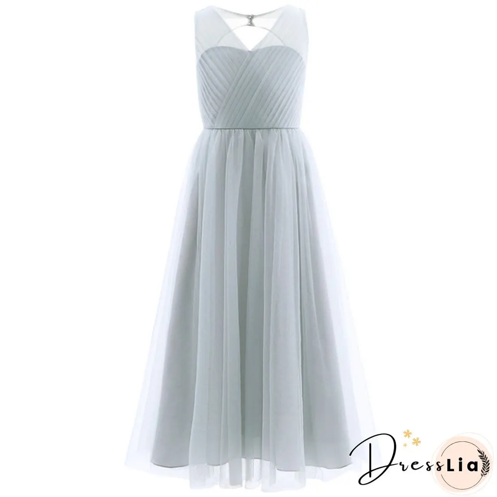 Girls Cutout Back Mesh Splice Sleeveless Flower Girl Junior Bridesmaid Dress Dance Party