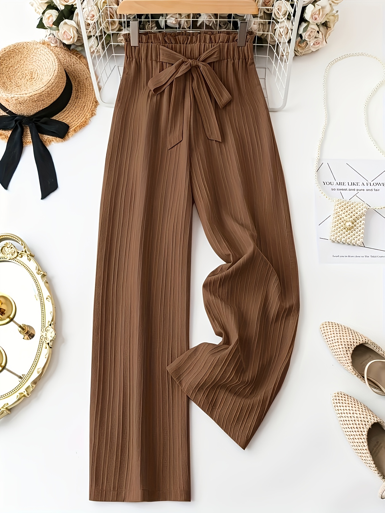 Womens Elegant Pink Wide-Leg Pants With Bow Detail High-Waisted Flowy Design Lightweight | IFYHOME
