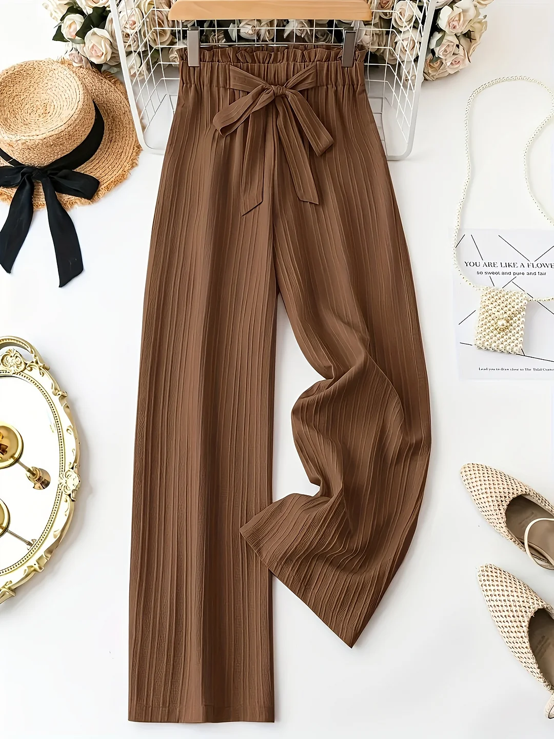 Women's Elegant Pink Wide-Leg Pants With Bow Detail - High-Waisted, Flowy Design, Lightweight Polyester, Perfect For Casual Or Dressy Outfits, Allseason Trousers | Bow Detail Pants | Glossy Texture Pant | IFYHOME