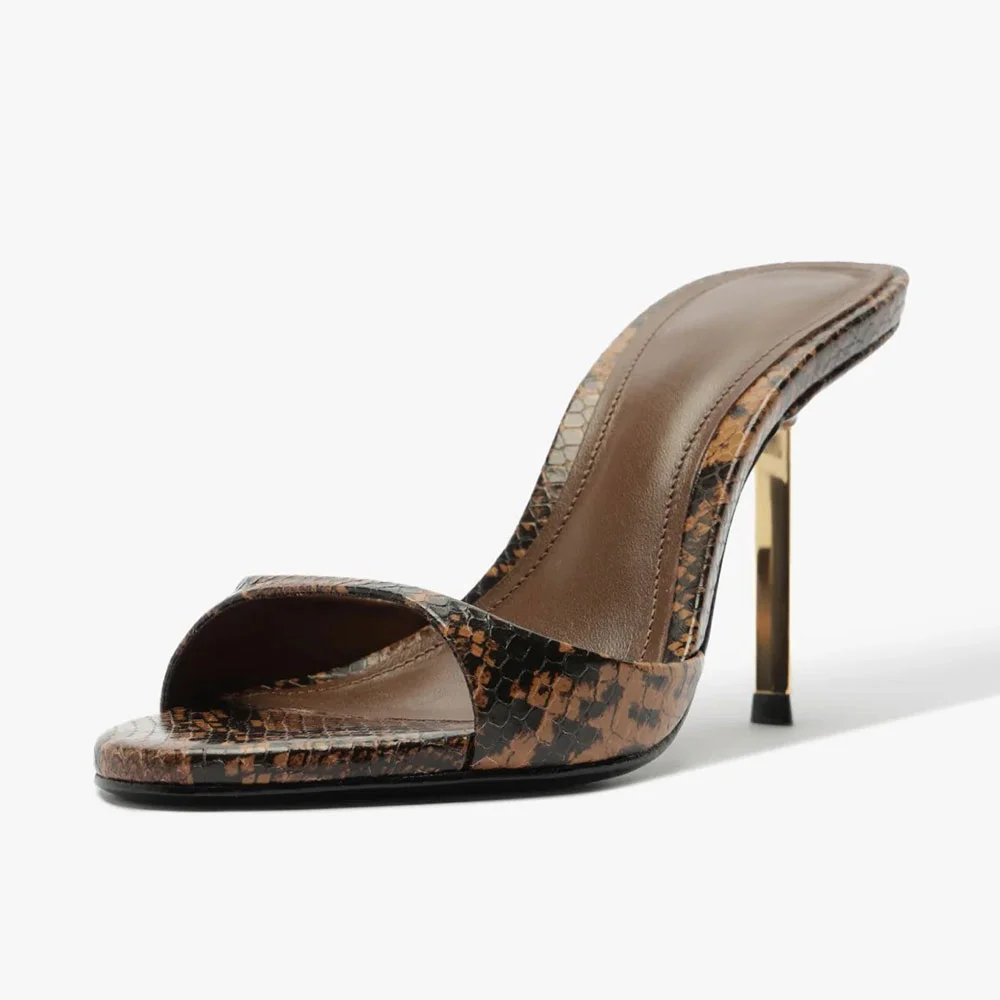 Brown & Black Open Round Toe Snake Print Slip On Heeled Mules