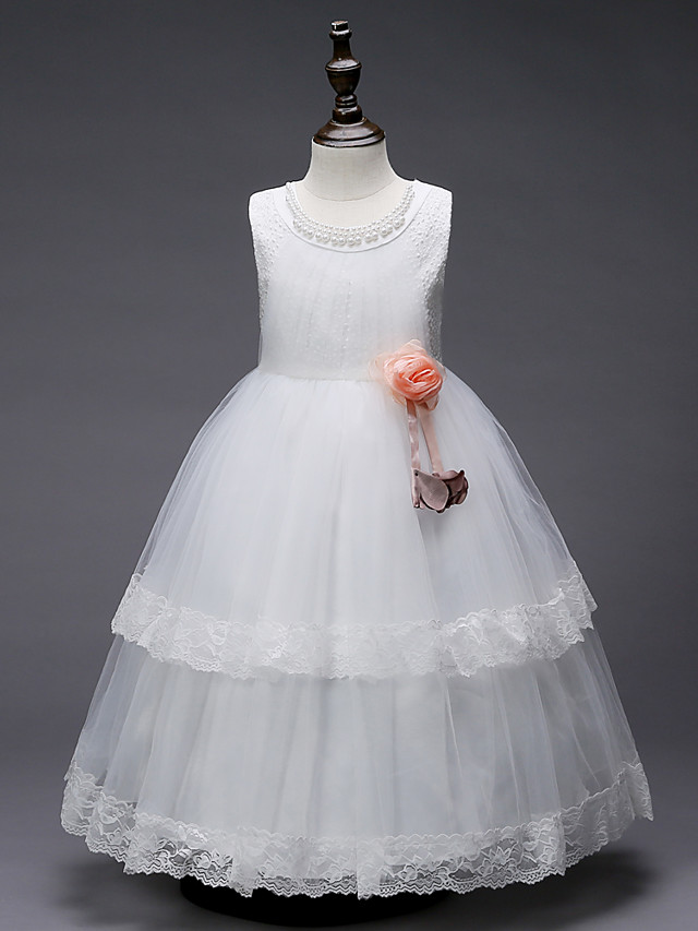 Dresseswow  Sleeveless Jewel Floor Length Flower Girl Dress  Lace Tulle  Polyester  With Lace  Pearls  Appliques