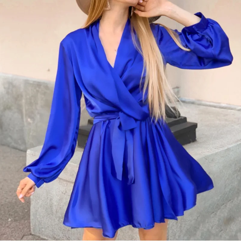 Uveng Uveng Solid-Colored Stuff Temperament Commuter Long-Sleeved V-Neck Official Picture Skirt Dress