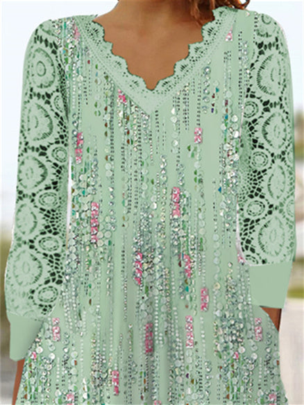 Women's Long Sleeve V-neck Graphic Lace Pockets Midi Dress