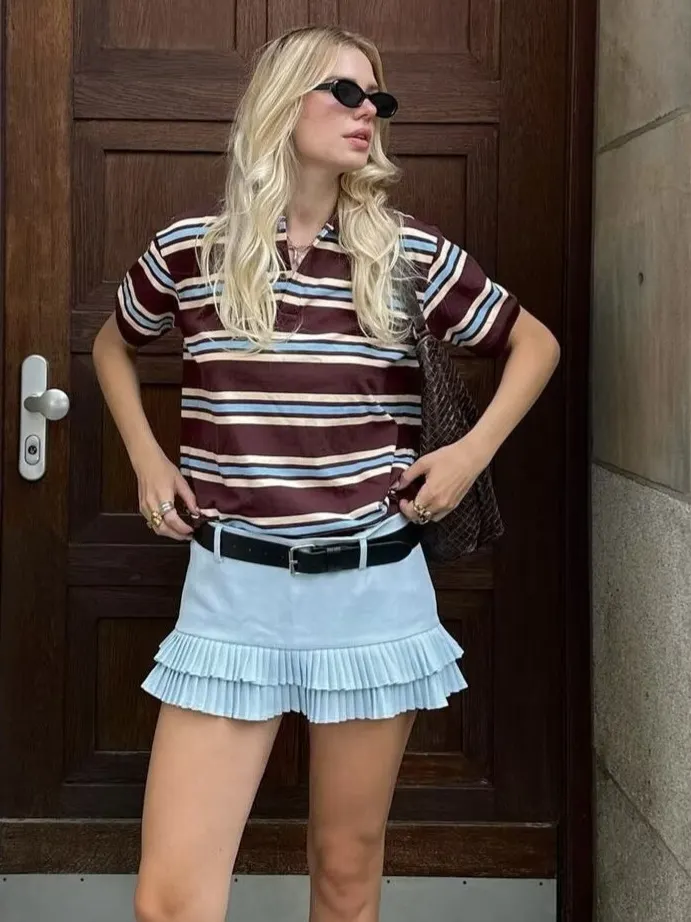 Nigikala Nigikala Striped Short-Sleeved T-Shirt + Low-Rise 100-Fold Skirt 2025 Spring New D79551