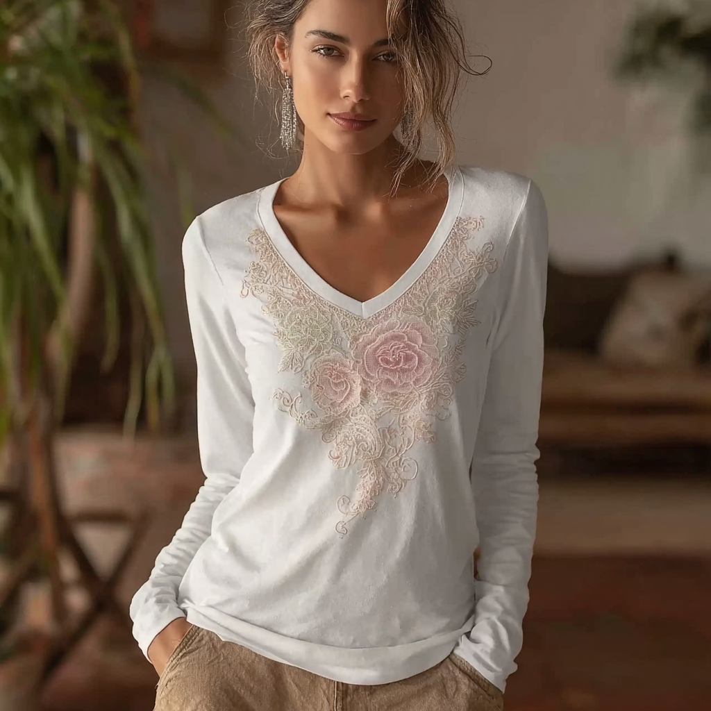 Lace Rose Embroidery Design V-neck Long-sleeve T-shirt elevenforest