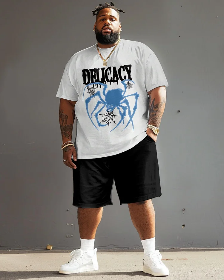 Men's Plus Size Street Casual Graffiti Spider Letter Print T-Shirt Shorts Suit