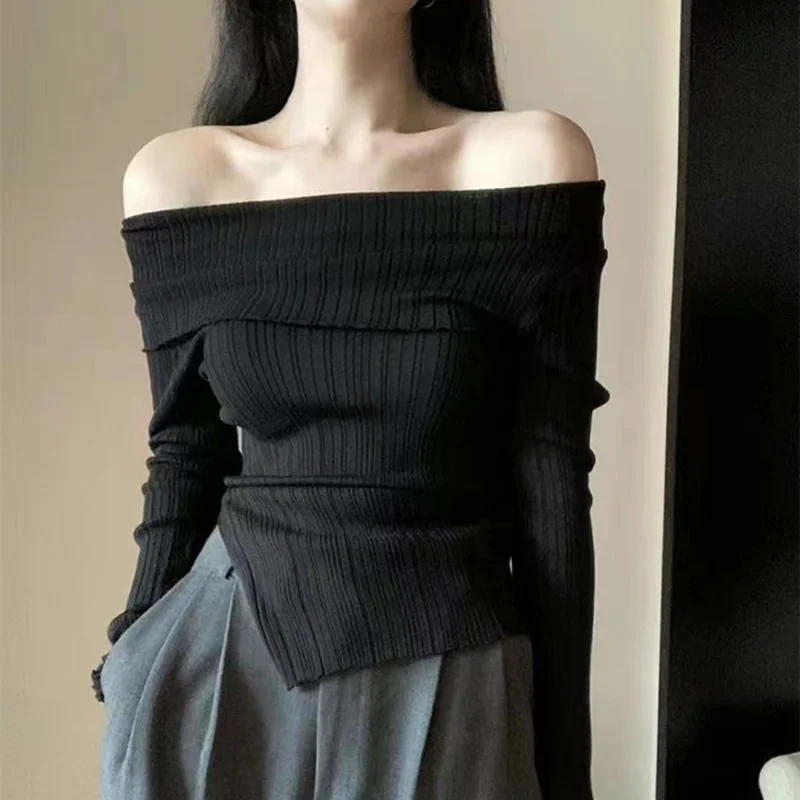 Pongl Korean Chic Irregular Sweater Pullover Women Elegant Slash Neck Knit Jumpers Female Sexy Off Shoulder Ribbed Pullovers