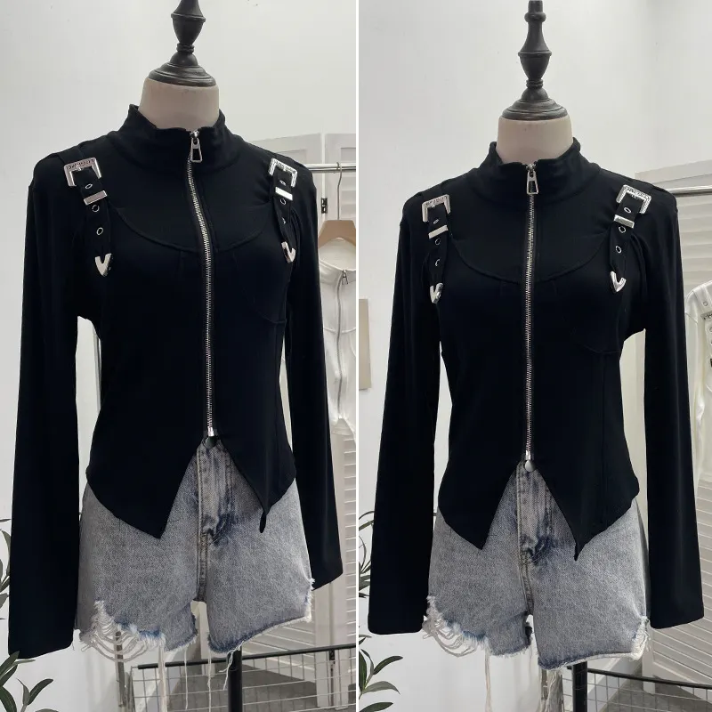 Churchf Real Shooting Irregular Zipper Collar Short Small Coat With Long Sleeves And Bottom Shirt 2680