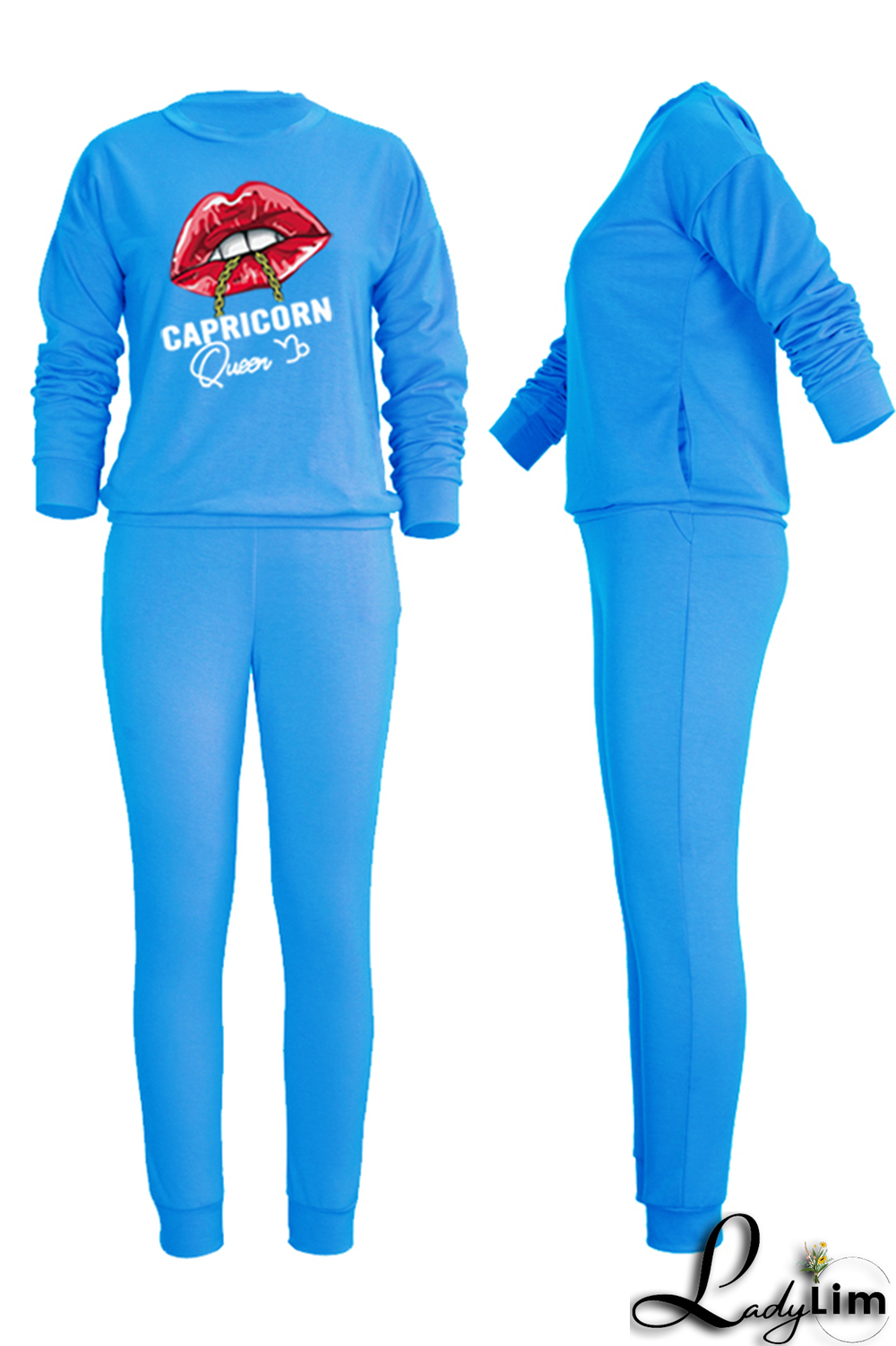 Yellow Fashion Lips Printed Patchwork O Neck Long Sleeve Two Pieces