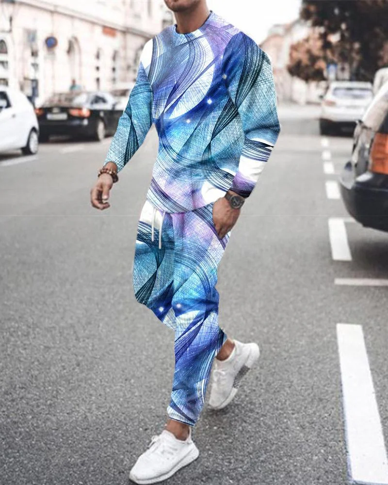 Men's Fashion Blue-Purple Abstract Printing Long-sleeved Suit