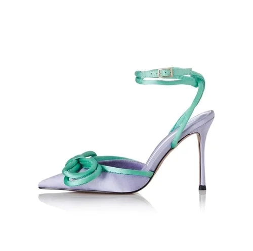Colorblock Pointed Toe Bow Stiletto Mid-heel High Heels Women's Sandals