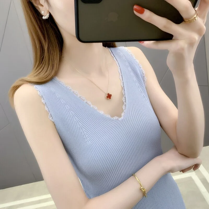 19862 make ice silk v-neck lace stitching knitting sleeveless vest 25