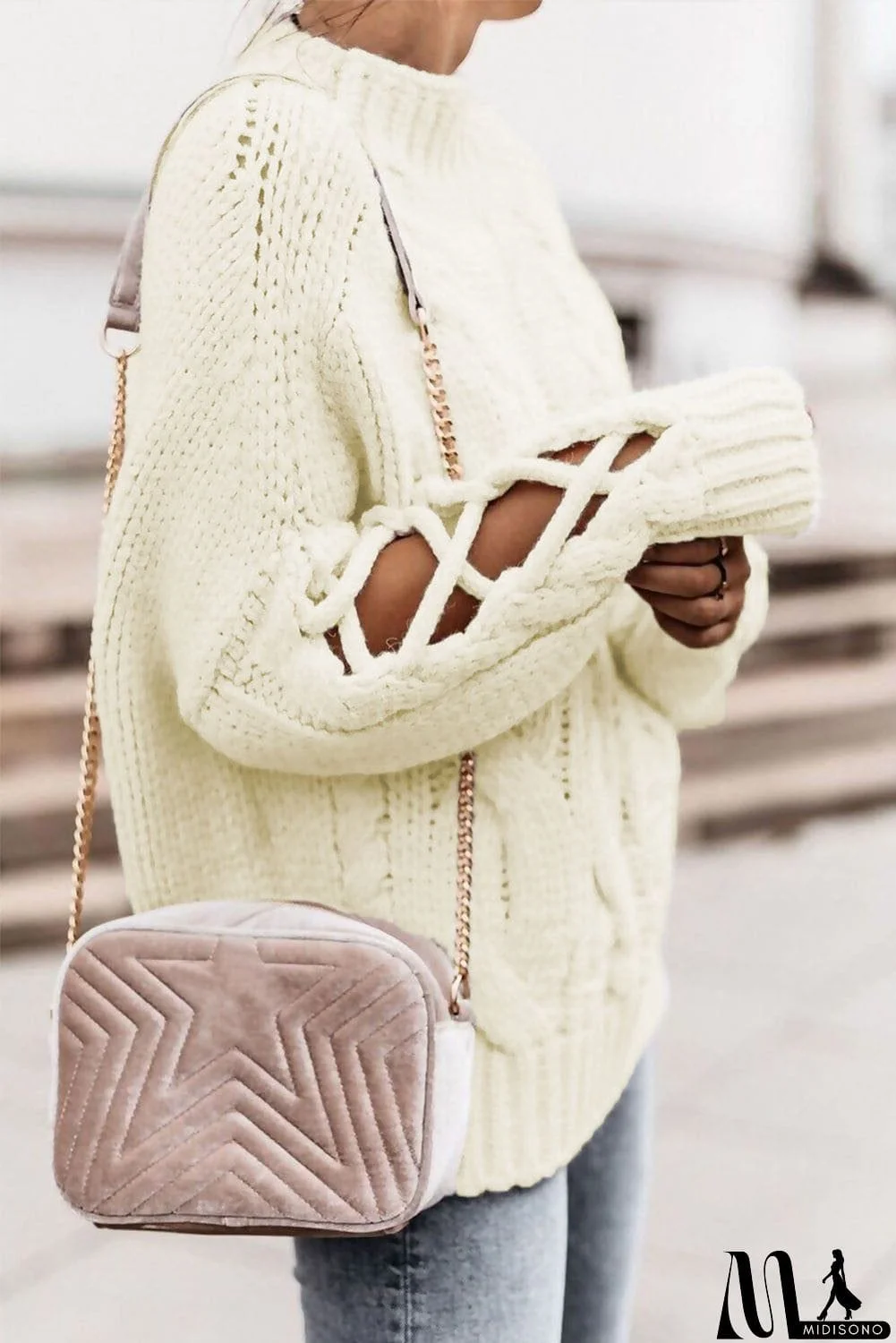 MidiSono - High Neck Cable Knit Hollow-out Sleeves Sweater