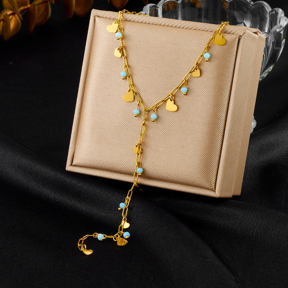 Small Design Versatile Simple Stainless Steel Diamond-Studded Love Disc Accessories Y-Shaped Long Tassel Necklace