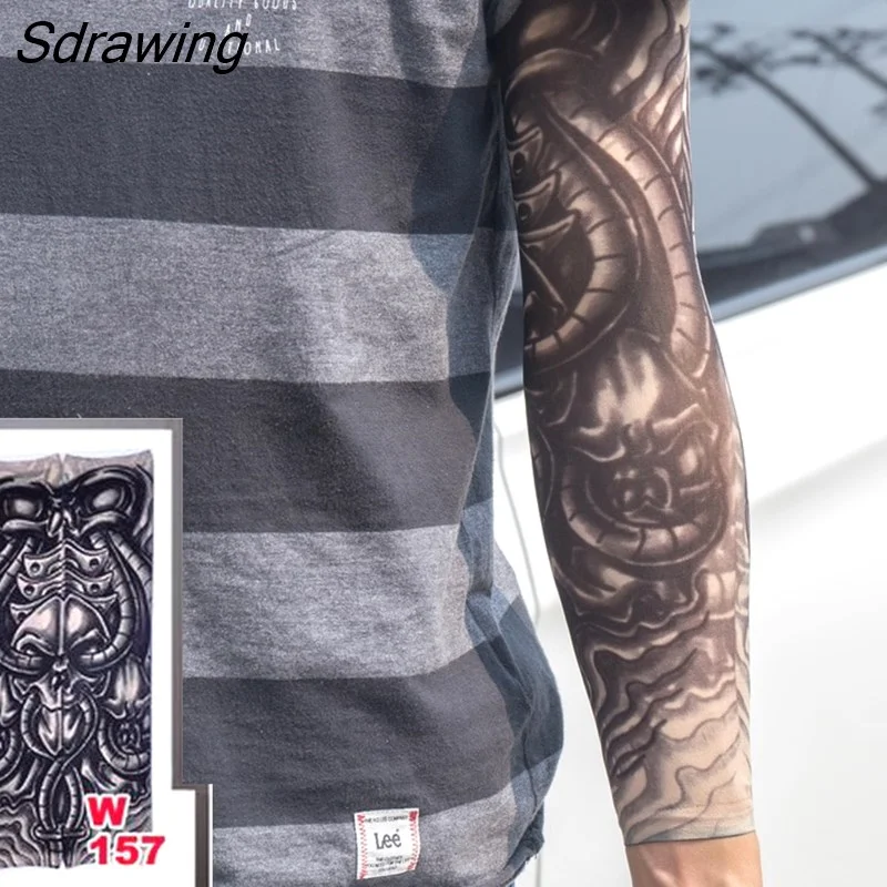 Sdrawing Temporary Tattoo Sleeve Tattoos Full Long Arm Tattoo Sleeve Men Elastic Nylon Tattoos skull dragon snake tiger tatoo sleeve