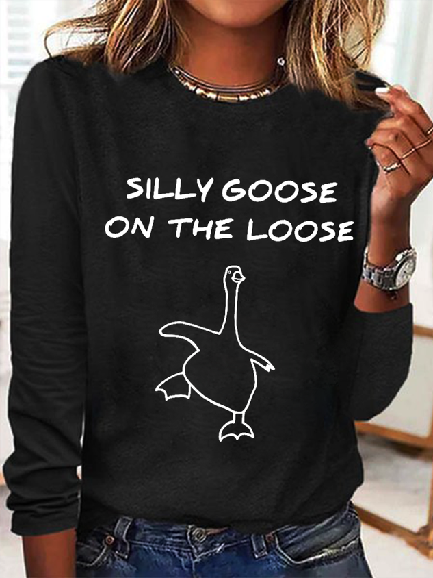 Women's Funny Word Silly Goose On The Loose Simple Cotton-Blend Long Sleeve Shirt socialshop