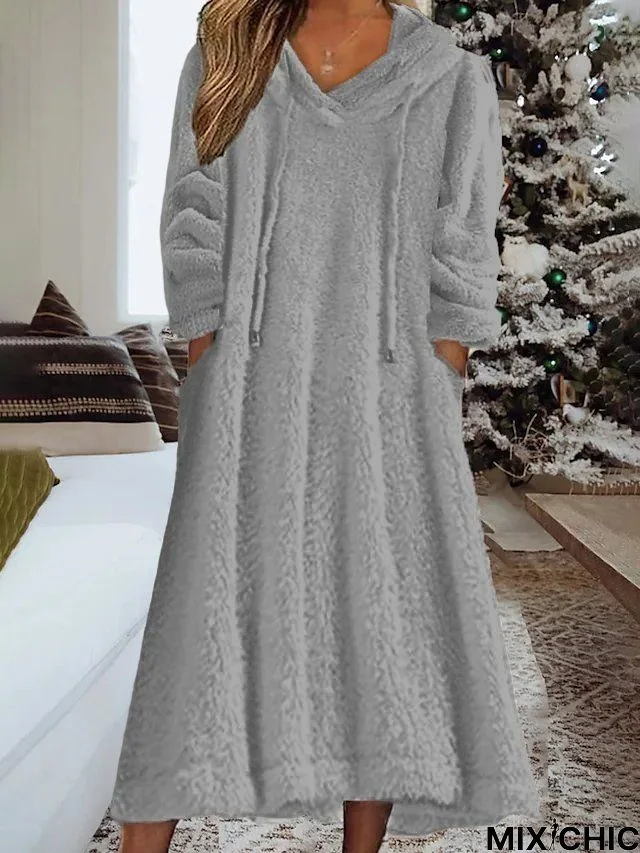 Loose Fluff/Granular Fleece Fabric Hoodie Casual Dress