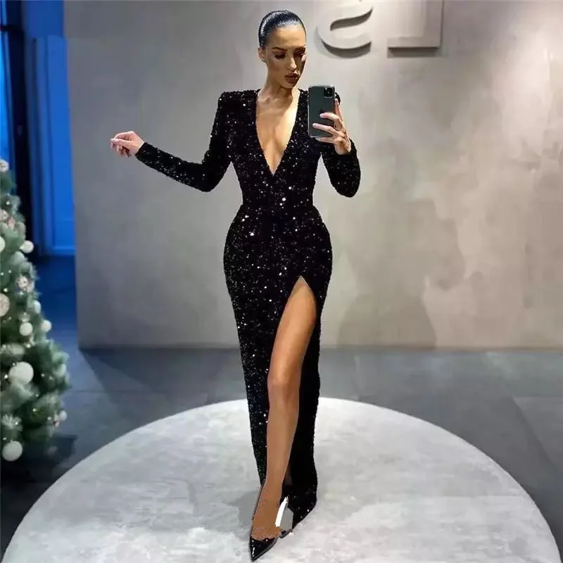 Uveng Uveng Women's Sexy One-Shoulder Long-Sleeved Embroidered Dress Open Fork Long Dress INS Spring