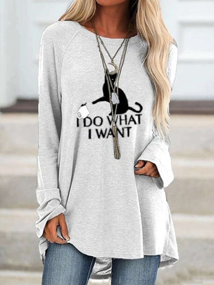 I Do What I Want Funny Cat Printed Long-Sleeve Tunic