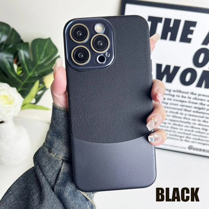 Suitable For iPhone 14/15 Series Crystal Lens All-inclusive Plain Leather Color Matching Phone Case