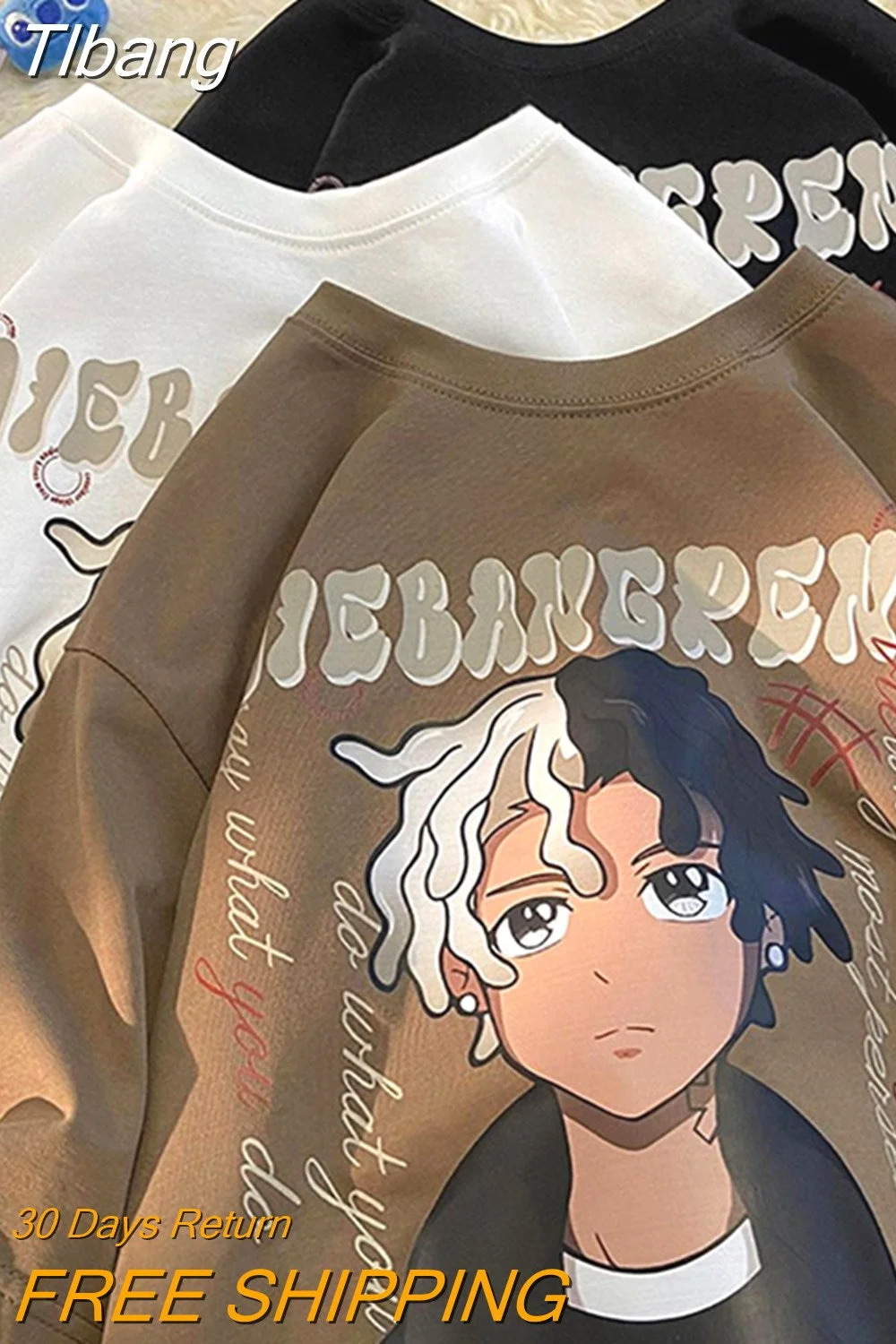 Tlbang Dark Brown Anime Dreadlocks Boys Cartoon Tops Hip Hop Graphic T Shirts Vintage Streetwear Oversized Kawaii Tee Loose Casual 0410