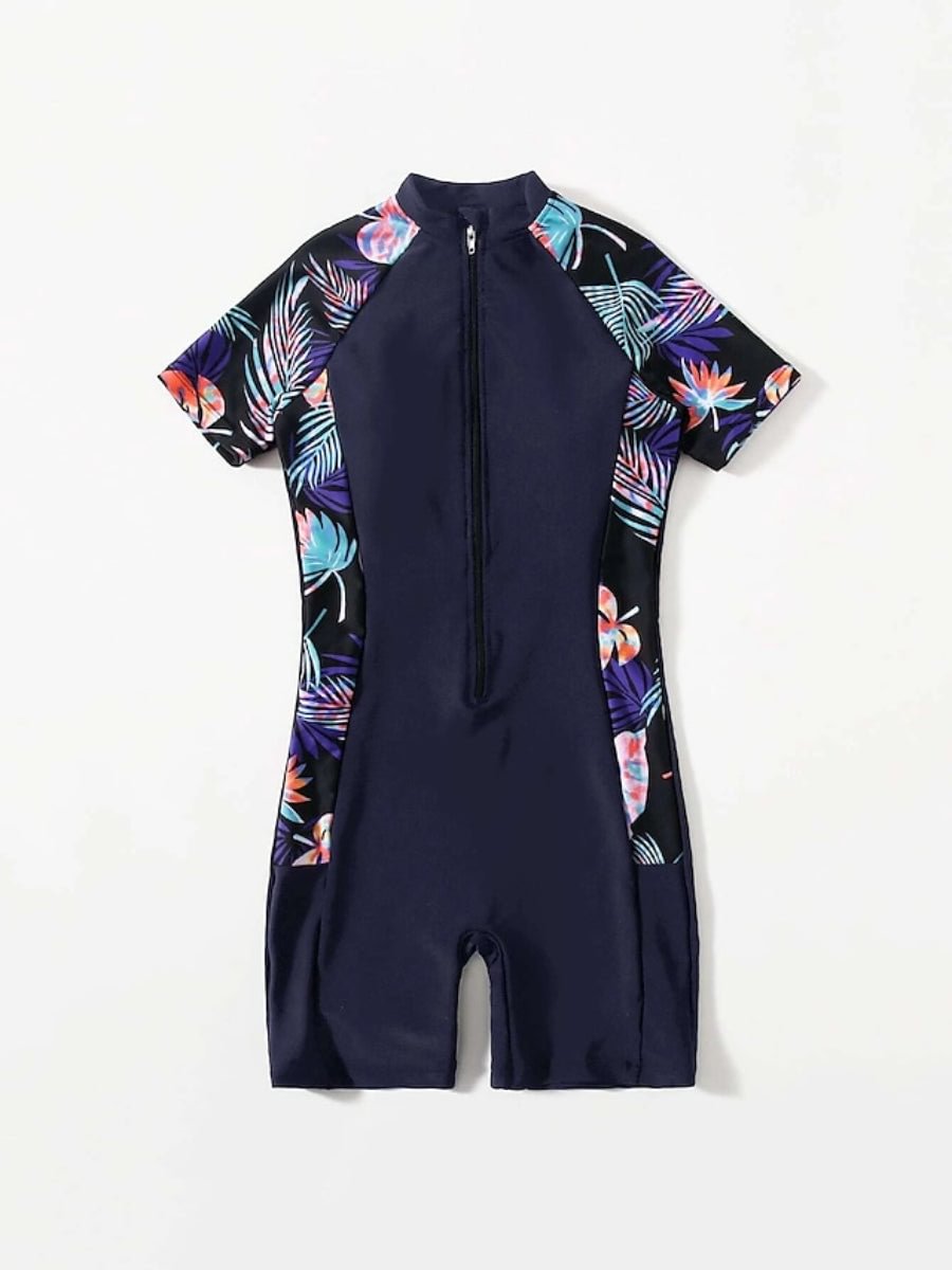 Women's Diving Swimsuit Zipper Leaf Print Short Sleeeve Black Swimwear