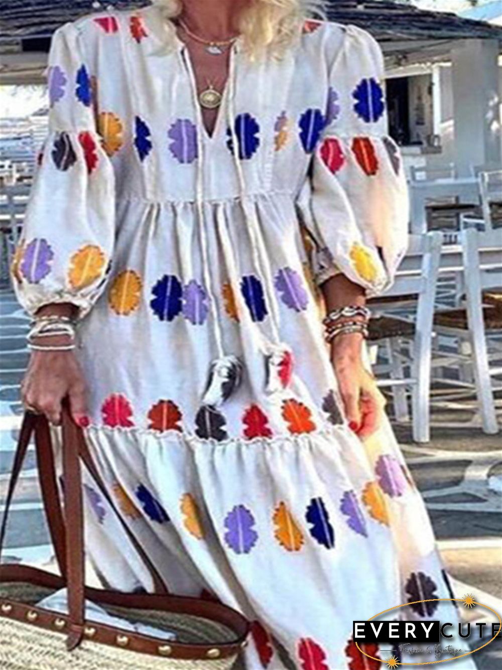 Lantern Long Sleeve V-neck Temperament Commuter Cake White Dresses