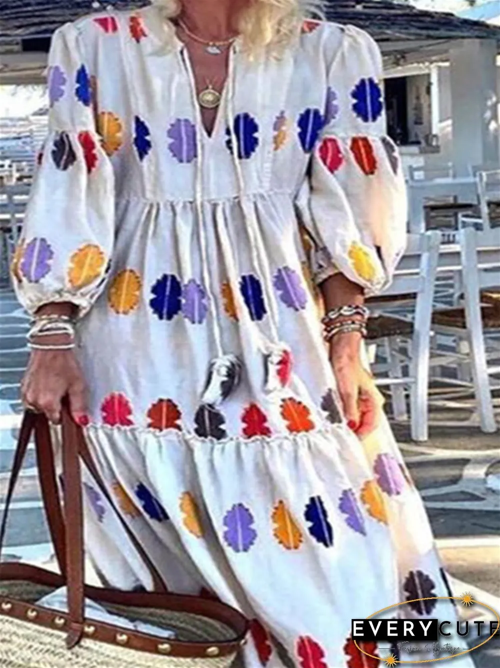 Lantern Long Sleeve V-neck Temperament Commuter Cake White Dresses