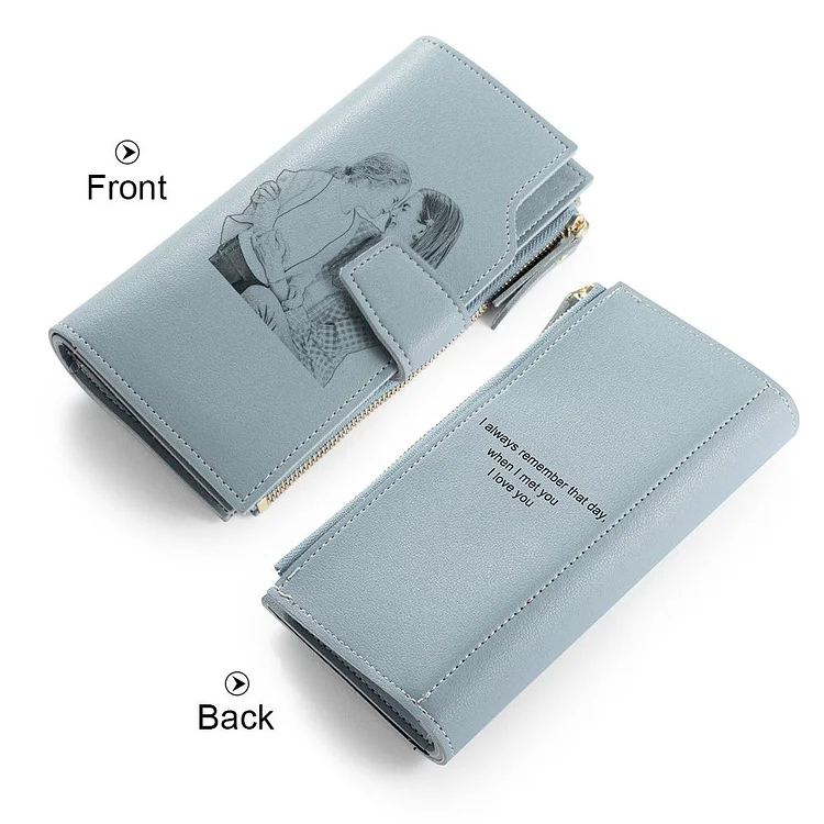 Women Long Style Photo Wallets Custom Inscription Photo Engraved Wallet Blue Grey