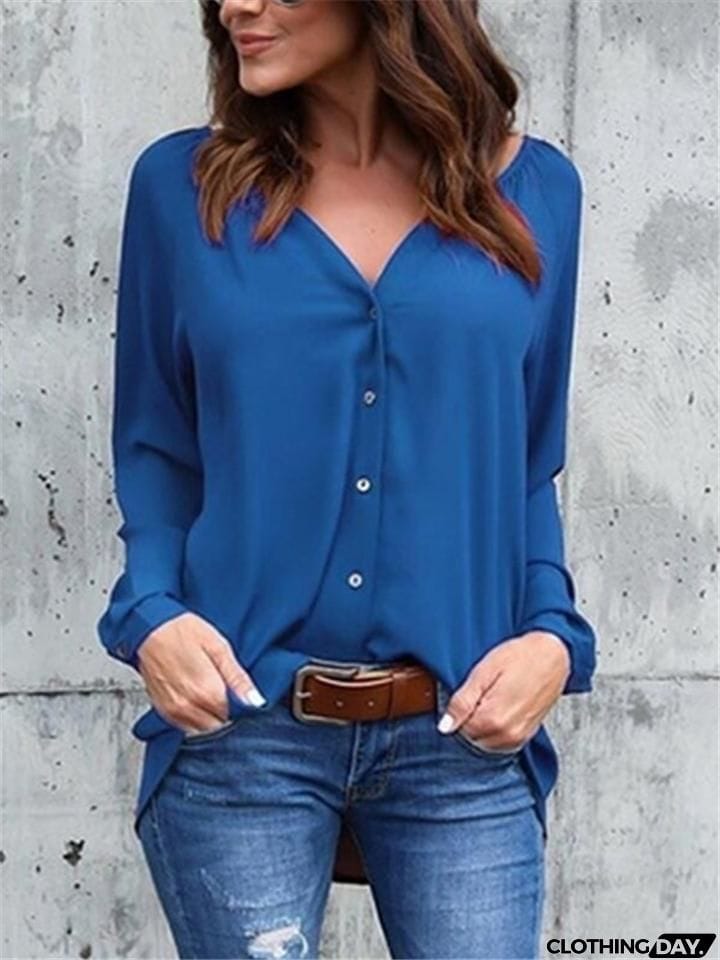 Relaxed Fit V Neck Solid Color Long Sleeve Button Up Chiffon Blouse