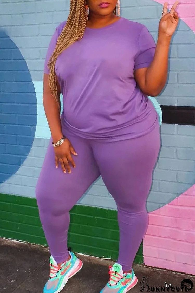 Purple Fashion Casual Solid Basic O Neck Plus Size Two Pieces