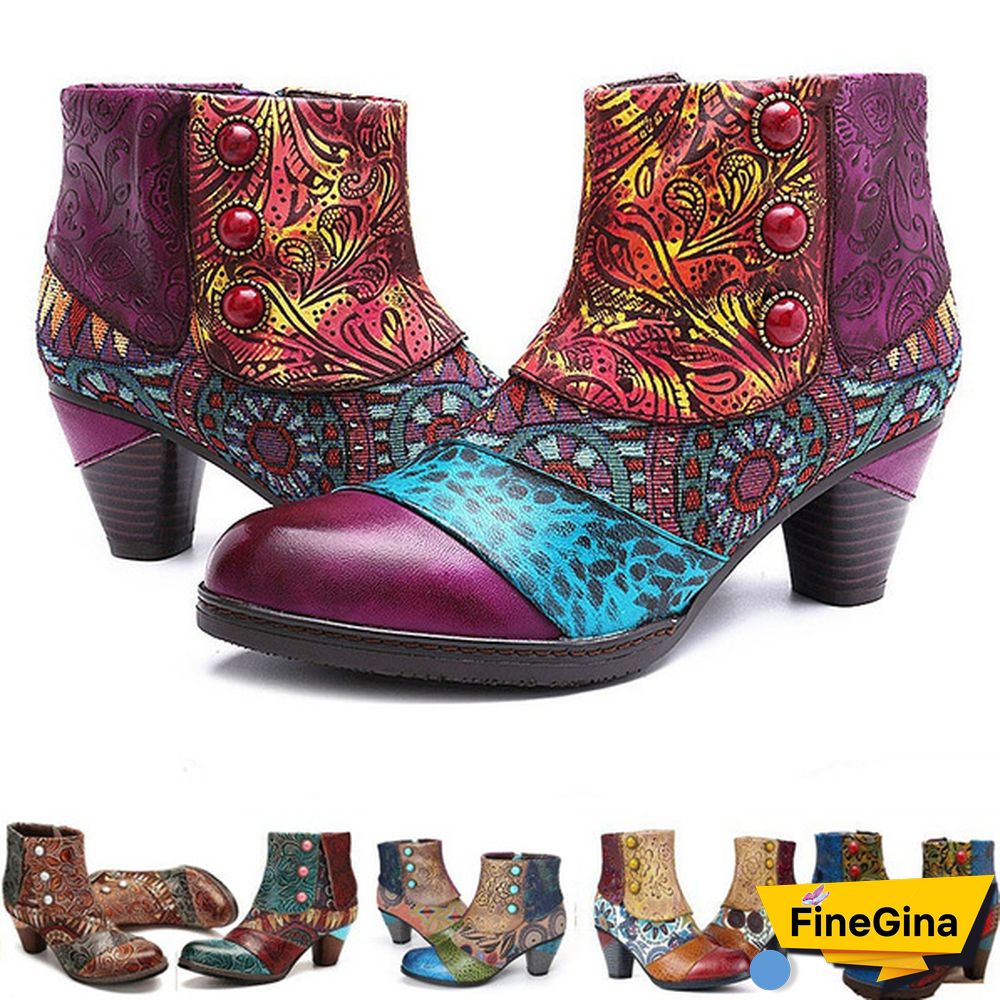 Ladies Fashion Round Toe Patent Leather High Thick Heel Stitching Casual Side Zipper