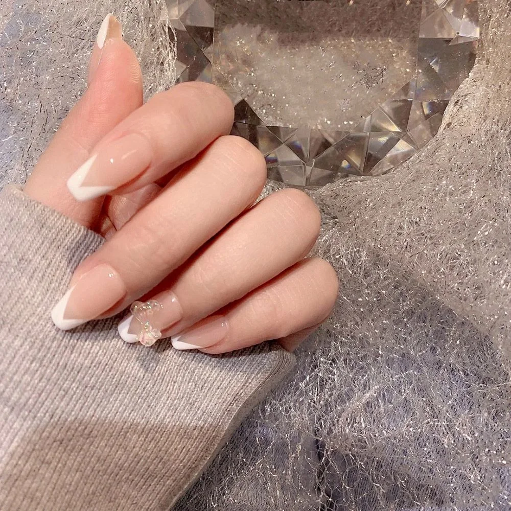 24Pcs/Box Detachable Almond Pink And White False Nails Wavy Style Stiletto Fake Nails Ballerina Coffin Full Cover Manicure Tool 406-Nail Inspo