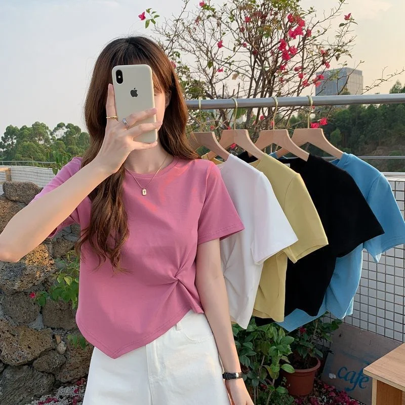 Brownm Brownm Short-Sleeved T-Shirt Women 2024 New Summer Design Design Sense Niche Half Sleeve High Waist Short Top