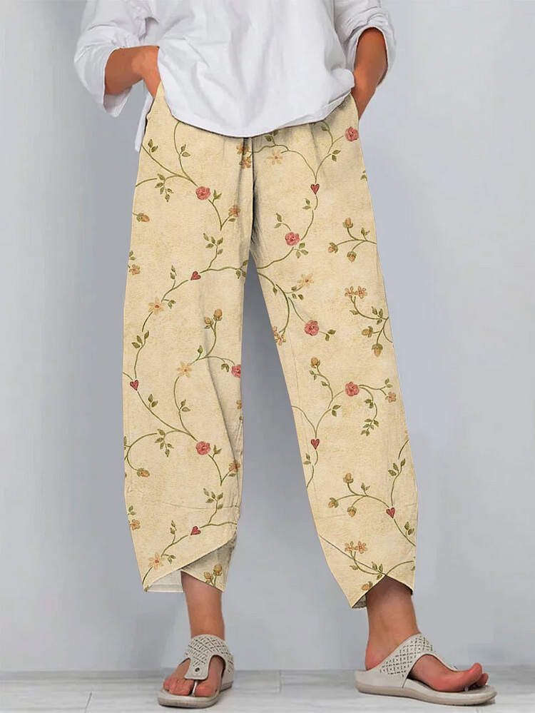 Vintage Floral Print Cotton and Linen Cropped Casual Pants