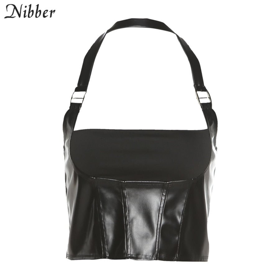 Nibber New Fashion Sexy Sling Top PU Leather Fabric Motorcycle Style Camisole For Women Street Out Clothes Party Night Clubwear