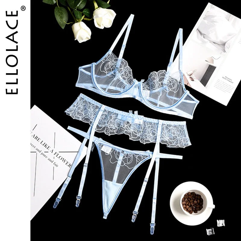 Ellolace Sexy Lingerie Women's Underwear See Through Sensual Lingerie Woman Exotic Costumes Bra with Bones Lingerie 3 Pieces