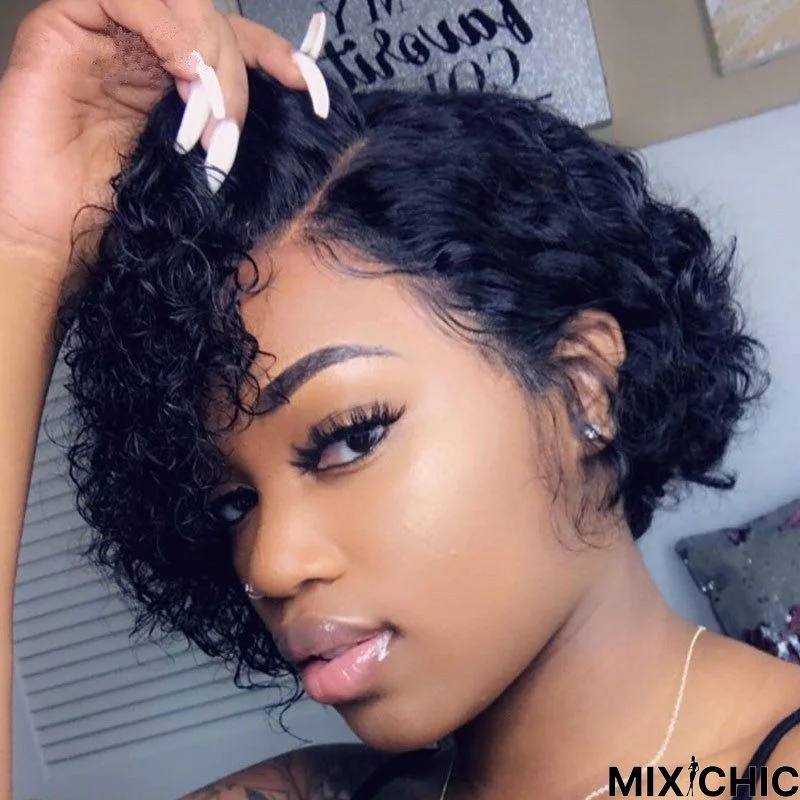 Female Short Curly Hair Medium Split Wig Small Curly Head Black