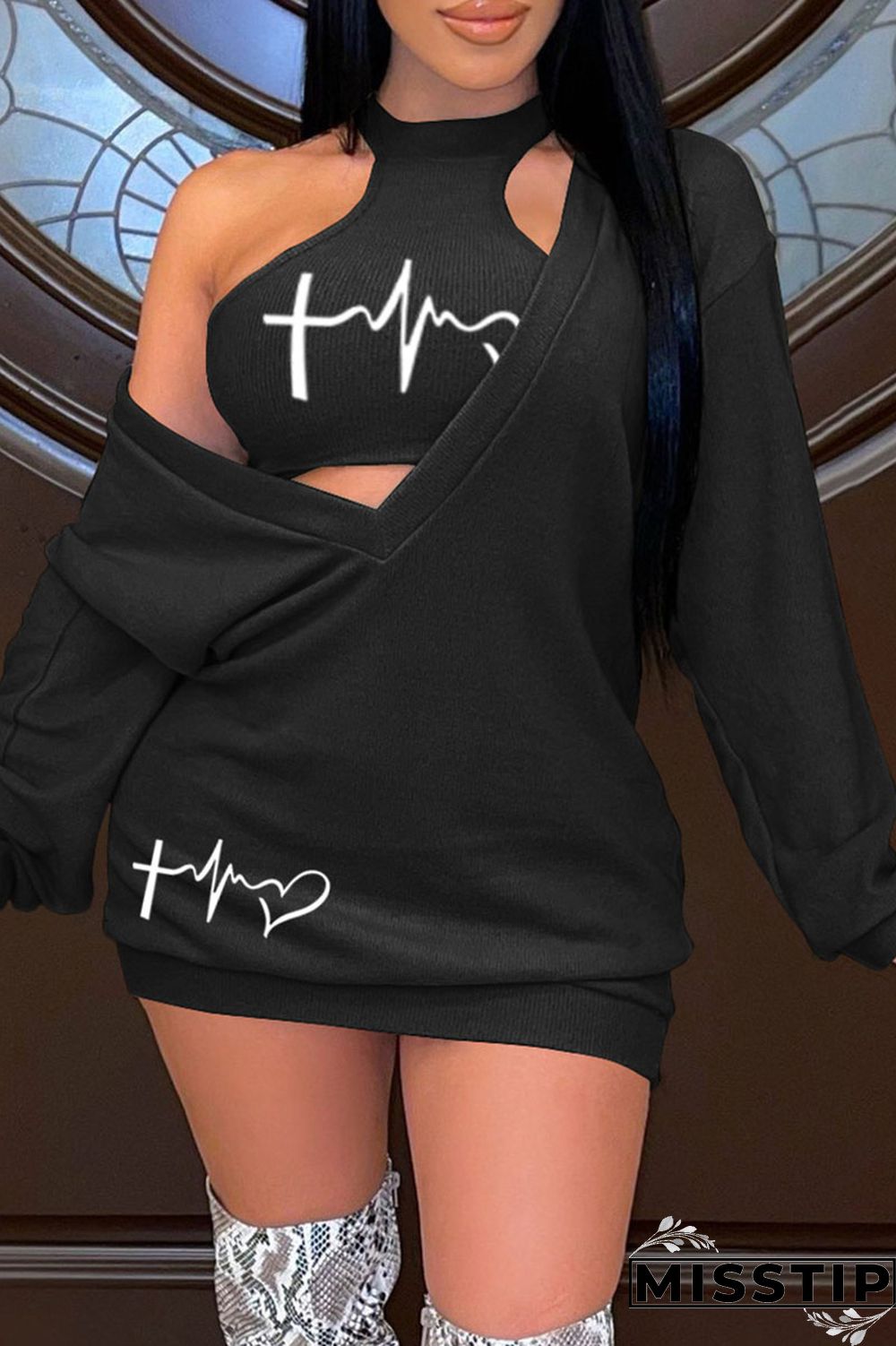 Black Casual Print Basic O Neck Long Sleeve Two Pieces