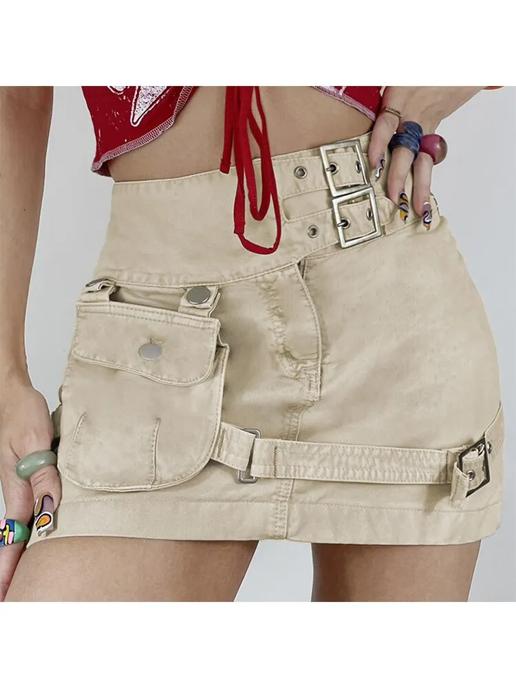Jacqueline Summer Vintage Kawaii Cargo Skirts Women y2k clothes Prepply Korean Pockets Low Waist Mini Pencil Skirt Grunge 2022