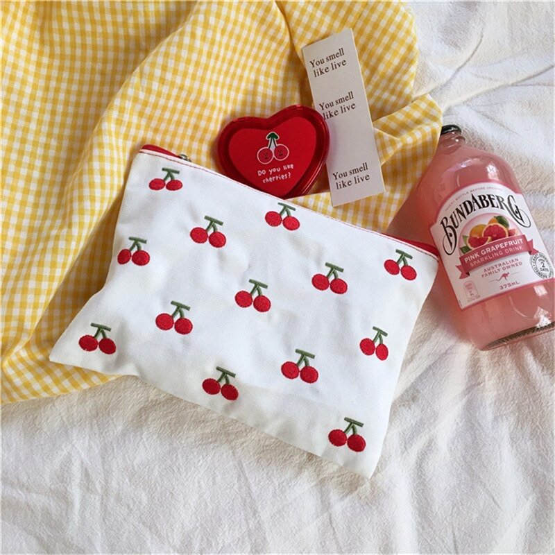 Cosmetic Bags Cherry Embroidery Zipper Lipstick Bag Ins Kawaii Retro Girls Canvas Bag Makeup Case Storage Cute US Mall Lifes