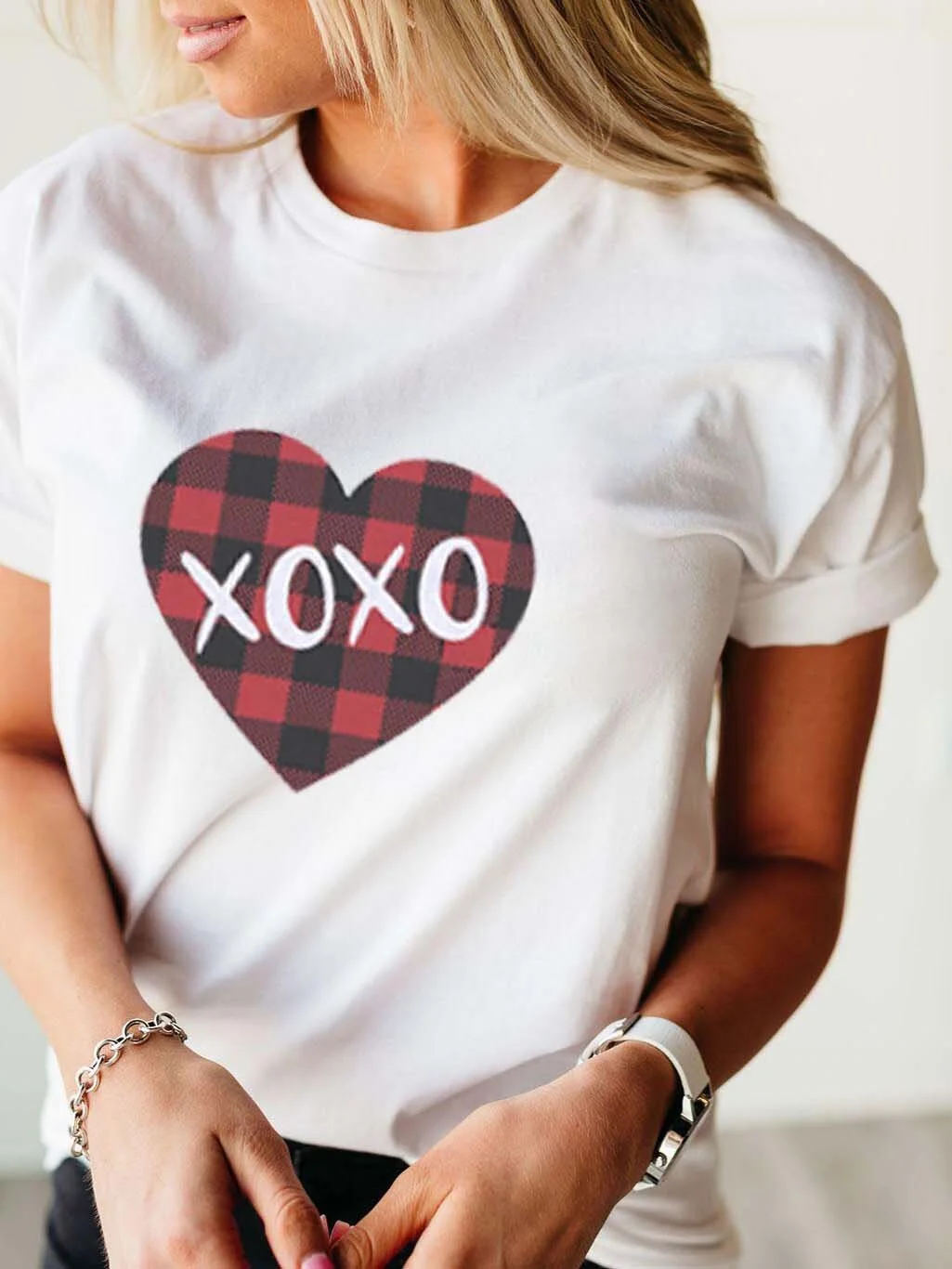 Valentine's Day XOXO Plaid Heart Cotton T-shirt