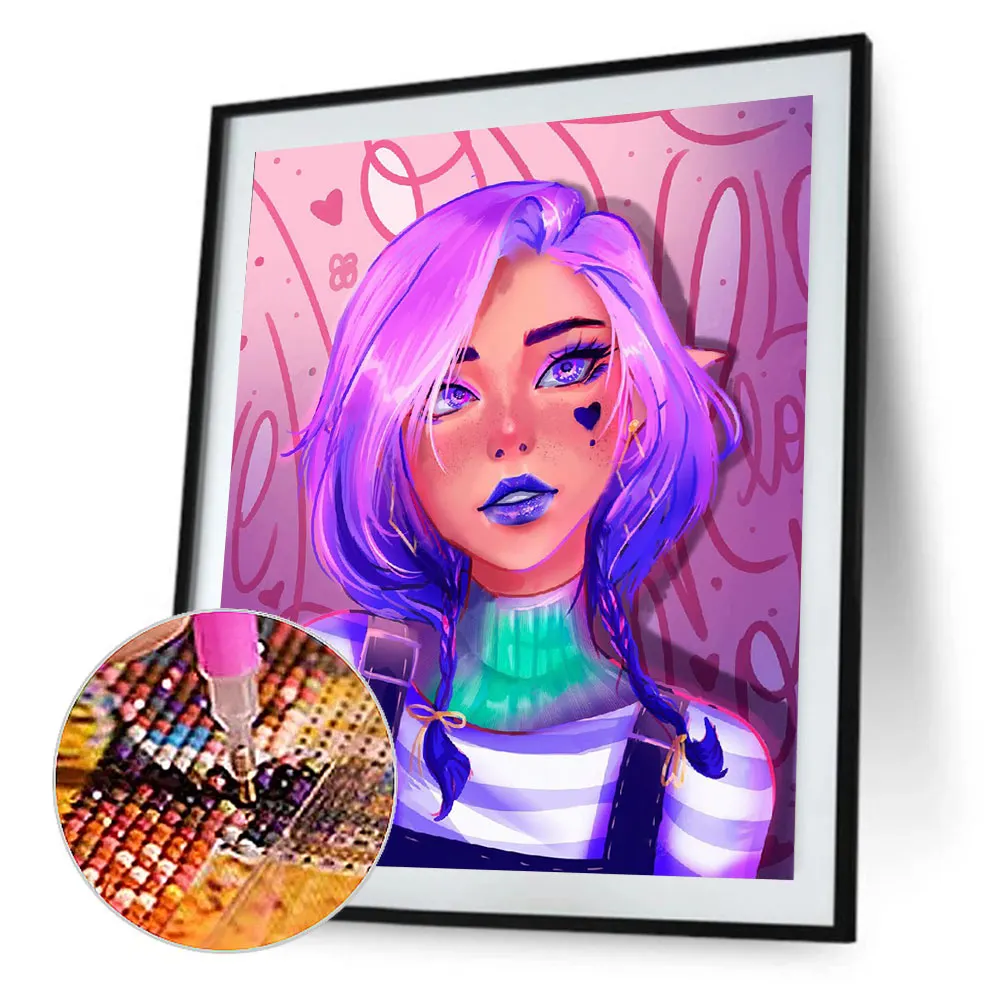 Full Round Diamond Painting 30*40cm - Purple Hair Girl