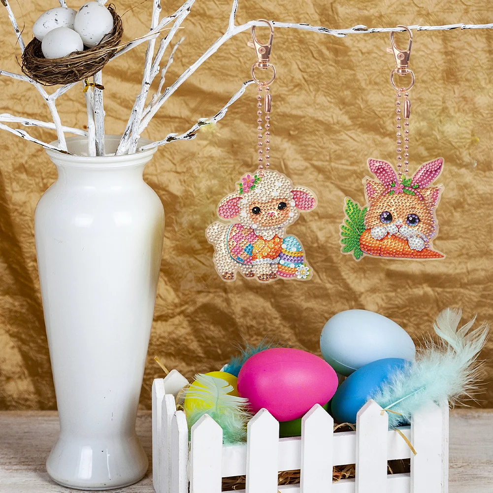 6Pcs Double Sided Special Shape Easter Animals Diamond Painting Art Keyring
